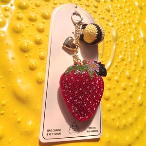 NEW Eye Candy Strawberry,Bee & Hesrt Bag Charm Keychain with Gold Accents 7" NWT